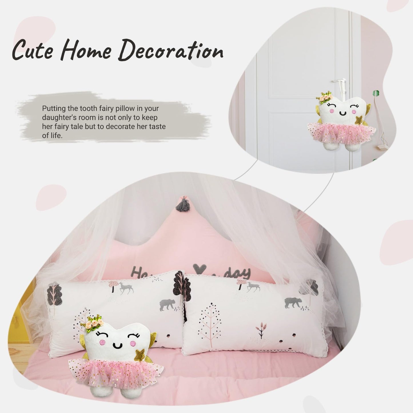 Hy.Mis Tooth Fairy Pillow With Pocket For Girls, Tooth Pillow For Tooth Fairy, Tooth Fairy Plush Dolls With Glittering Wings, To