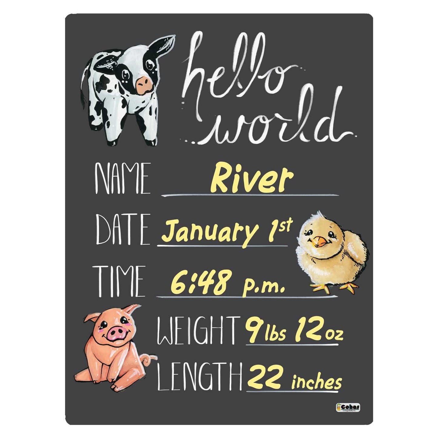 Cohas Hello World Newborn Baby Announcement Chalkboard Sign With Farm Animal Theme, 9 By 12 Inches, No Marker