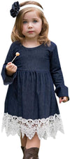 Toddler Baby Girl Clothes Long Sleeve Dress Ruffle Denim Skirt Lace Hem Princess Party Skirt Outfits Set 6-7T Blue