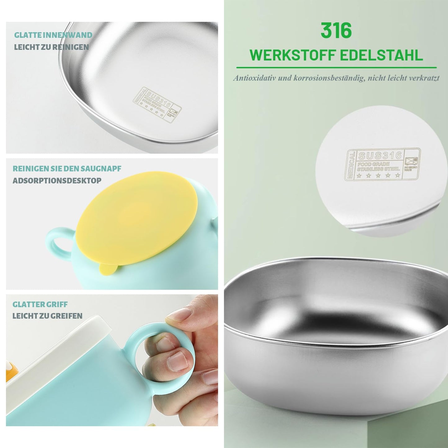 Suction Bowls For Baby, 316 Stainless Steel Marine Grade Toddler Suction Bowls - Non-Slip Silicone Mat, Stainless Steel Fork & S