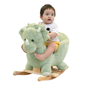 Rock My Baby Rocking Horse Green Dinosaur with Chair, Plush Stuffed Animal Rocker, Baby Rocker with Sweet Music, Wooden Rocking