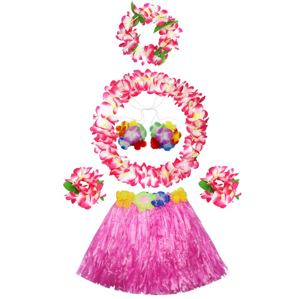 Fighting to Achieve 30cm Hawaiian pink Grass Skirt Performance Costume Set for Girls