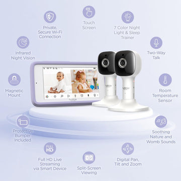 Hubble Connected Nursery Pal Cloud Touch Twin Smart Wifi Enabled Baby Monitor With 2 Cameras, 5 Inch Hd Color Touchscreen Parent