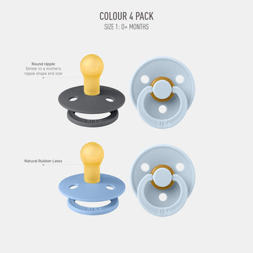 Bibs Colour Pacifier 4-Pack, Bpa Free Dummy Pacifier, Round Nipple. Natural Rubber Latex, Made In Denmark, Size 1 (0-6 Months),