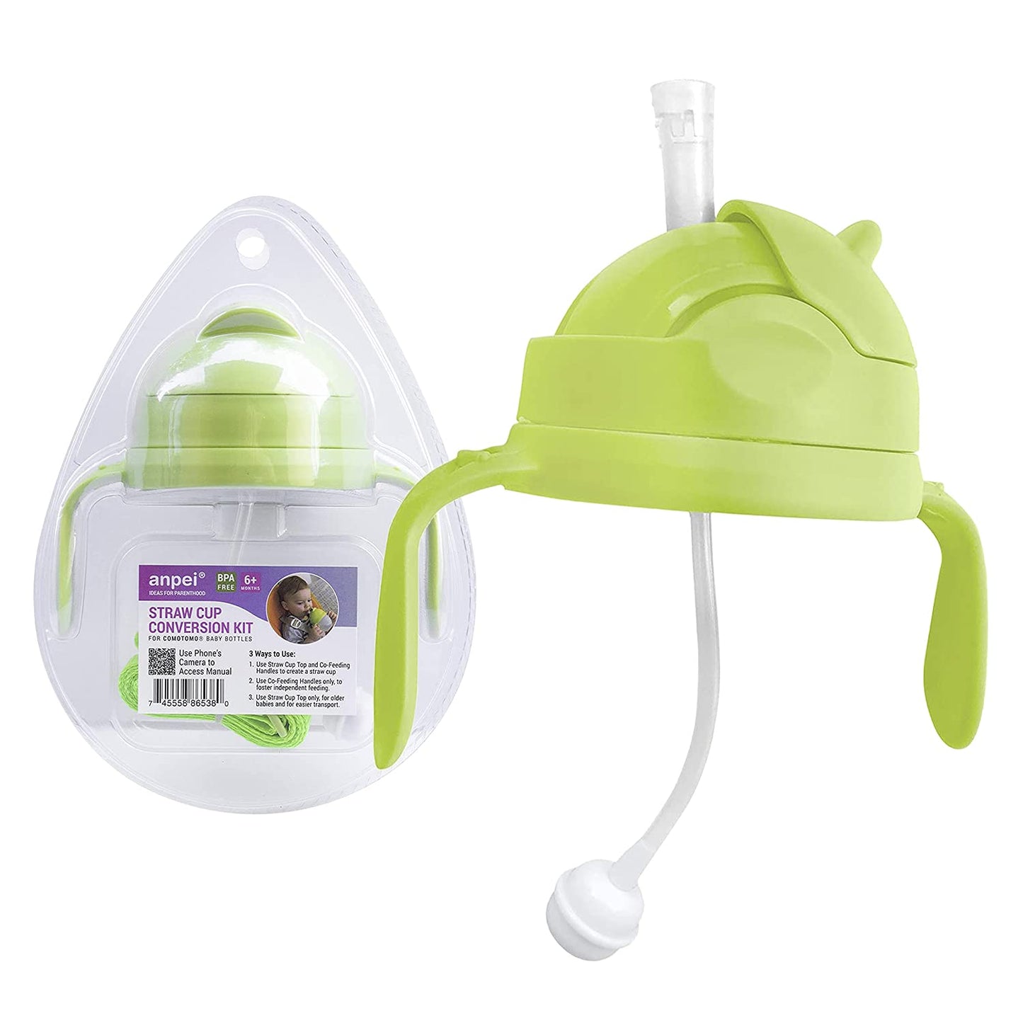 3-In-1 Straw Sippy Cup Conversion Kit For Comotomo Baby Bottle, 5 Ounce And 8 Ounce (Weighted Straw, Green)
