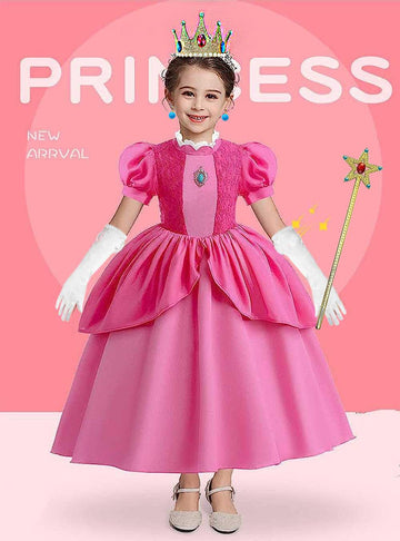 Yuegoo Princess Peach Costume Dress For Girls Kids, Super Bros Princess Peach Cosplay Halloween Party Dress Up Suit 3-12Y (110(4