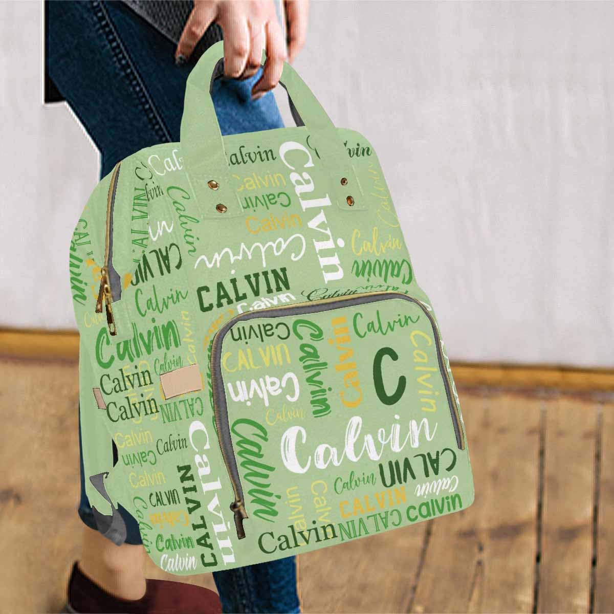 Artsadd Personalized Diaper Bag With Name, Customized Light Green Monogram Nappy Backpack With Thermal Pockets Multi-Function Ba