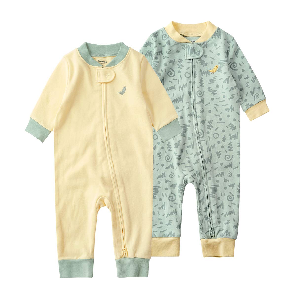 Teach Leanbh Baby 2-Pack 100% Cotton Romper Jumpsuits Two Way Zipper Long Sleeve Footless Sleep And Play (Yellow+Pea Green, 18-2