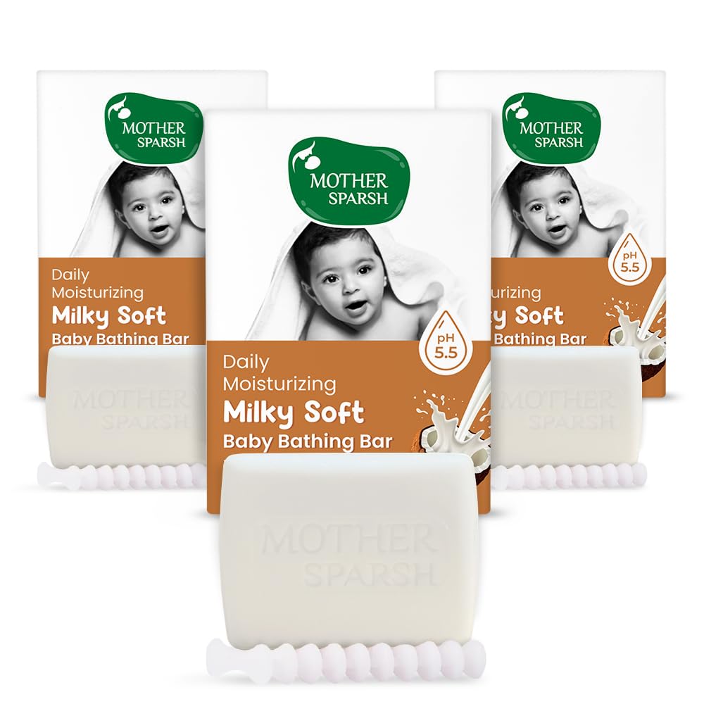Mother Sparsh Moisturizing Milky Baby Bathing Soap Bar - 75G X 3 | Ph 5.5 With Milk, Coconut Oil And Vitamin E, Prevents Dryness