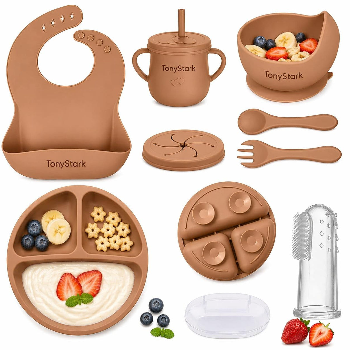 Tony Stark Baby Feeding Set, Silicone Tableware Kit For Baby, Bowl, Fork, Bib, Spoon, Cup & Suction Plates For Baby (Dark Blue)
