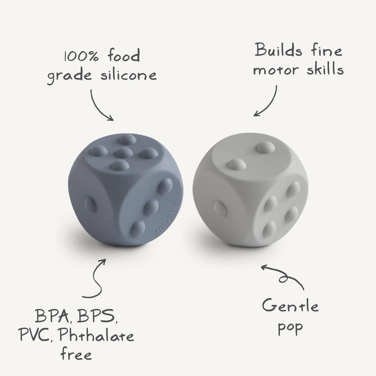 mushie Silicone Dice Press Toy | Baby Sensory Play for 10+ Months (Tradewinds/Stone)