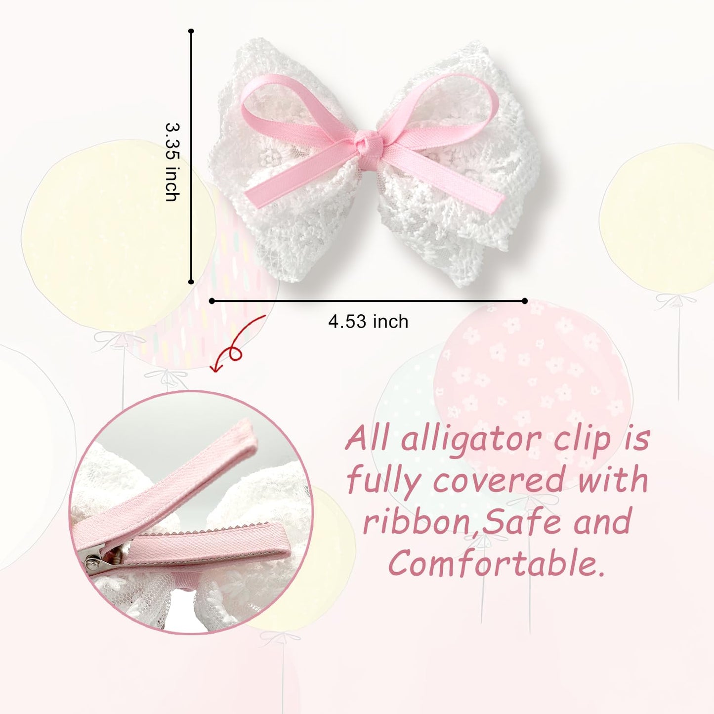 Lmymhmlm 2Pcs Lace Hair Bows For Girls, White Lace And Pink Hair Ribbons, Alligator Bow Hair Clips, Handmade Hair Accessories Fo