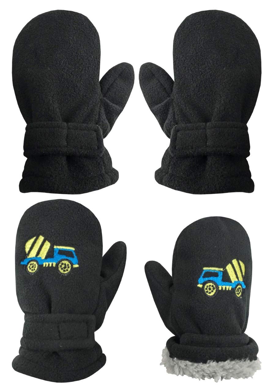 NIce Caps Baby Toddler Mittens Kids 2 Pairs Fleece Gloves Winter Warm Sherpa Lined (Black Trucks/Black Solid, 2-3 Years)