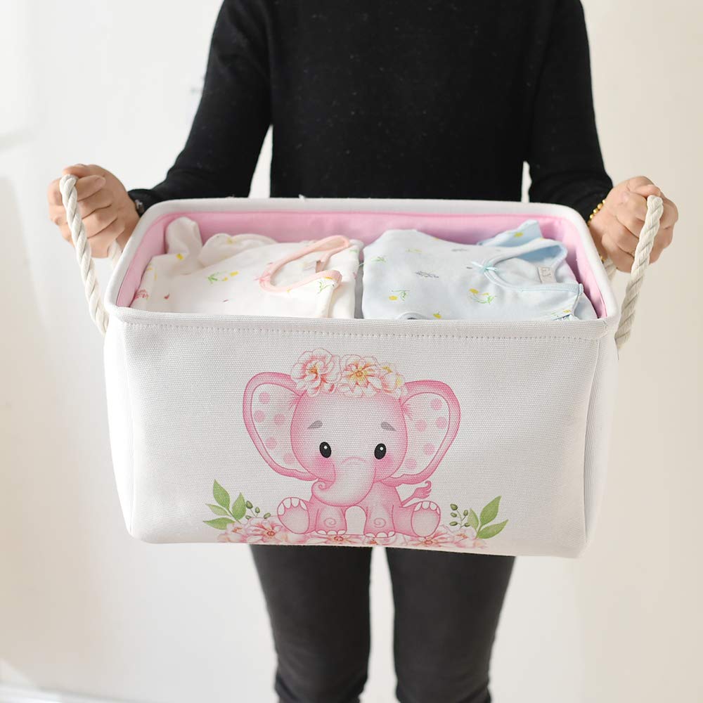 Inough Nursery Baby Elephant Basket Large Baby Basket For Shower Gift Pink Elephant Baby Girl Gift Bag Collapsible Gift Basket E