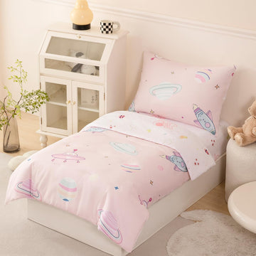 Perfemet 4 Piece Toddler Girl Bedding Set Space Theme Pink Toddler Bed Set With Sheets Soft Reversible Astronaut Planets Toddler