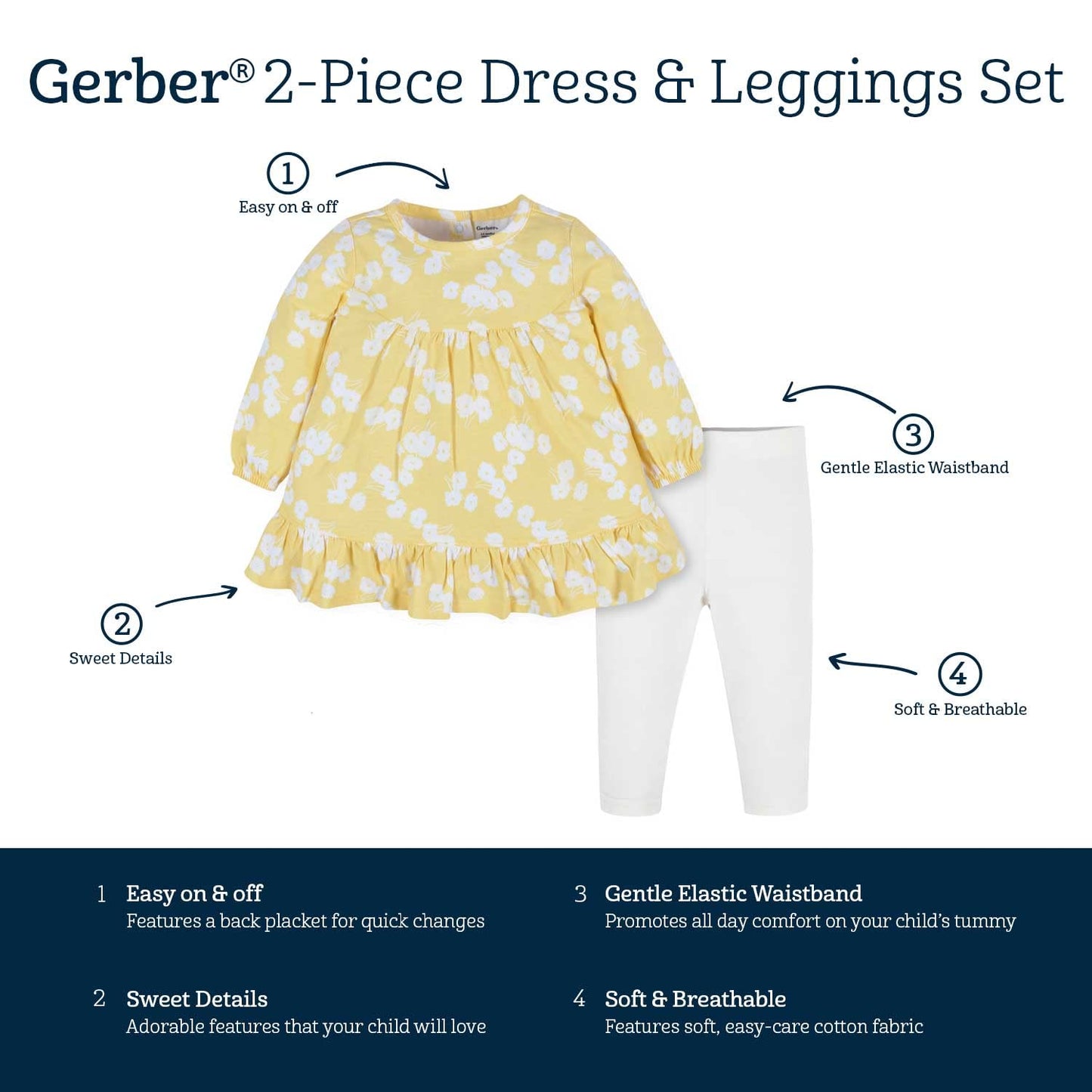 Gerber Baby Girls Toddler 2-Piece Long Sleeve Dress & Leggings Set, Golden Flowers, 4T Us