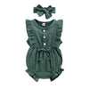 Younger Tree Toddler Baby Girl Ruffled Sleeveless Romper Casual Summer Jumpsuit Cotton Linen Clothes (Button-Green, 12-18 Months