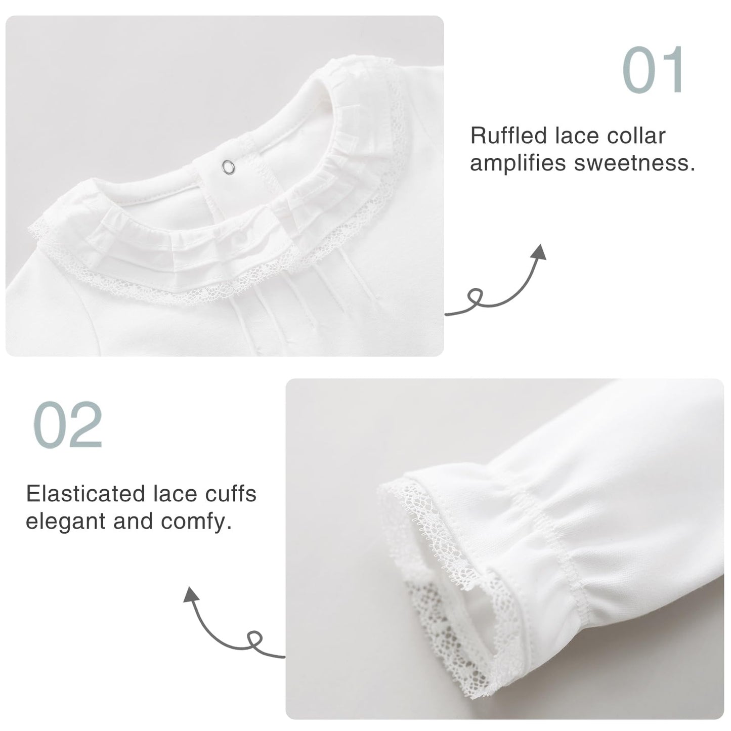 Pureborn Baby Girls Organic Cotton Bodysuit Infant Girl Ruffled Collar Long Sleeve White Spring Fall 12-18 Months