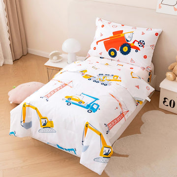 Perfemet 4 Pieces Construction Toddler Bedding Set Excavator Truck Boy Toddler Bed In A Bag Colorful Reversible Cartoon Tractors