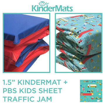 Kindermat 1.5' Thick + Pbs Kids Kinderbundle - Washable Cover, Special Edition - Traffic Jam Design- Regular, Washable Sheet Is
