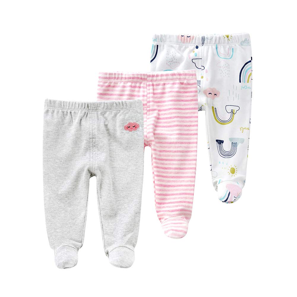 Teach Leanbh Newborn Baby 3 Pack Footed Pants Cotton Embroidery Pringting Casual Leggings 0-12 Months (0-3 Months, Rainbow)