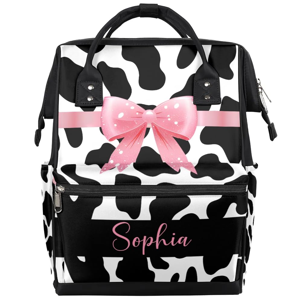 Personalized Diaper-Backpack for New-Mom-Dad Baby-Nappy-Bag Stroller Rucksack Baby Backpack 11x7x15.7 inches Cow Print Diaper-Ba