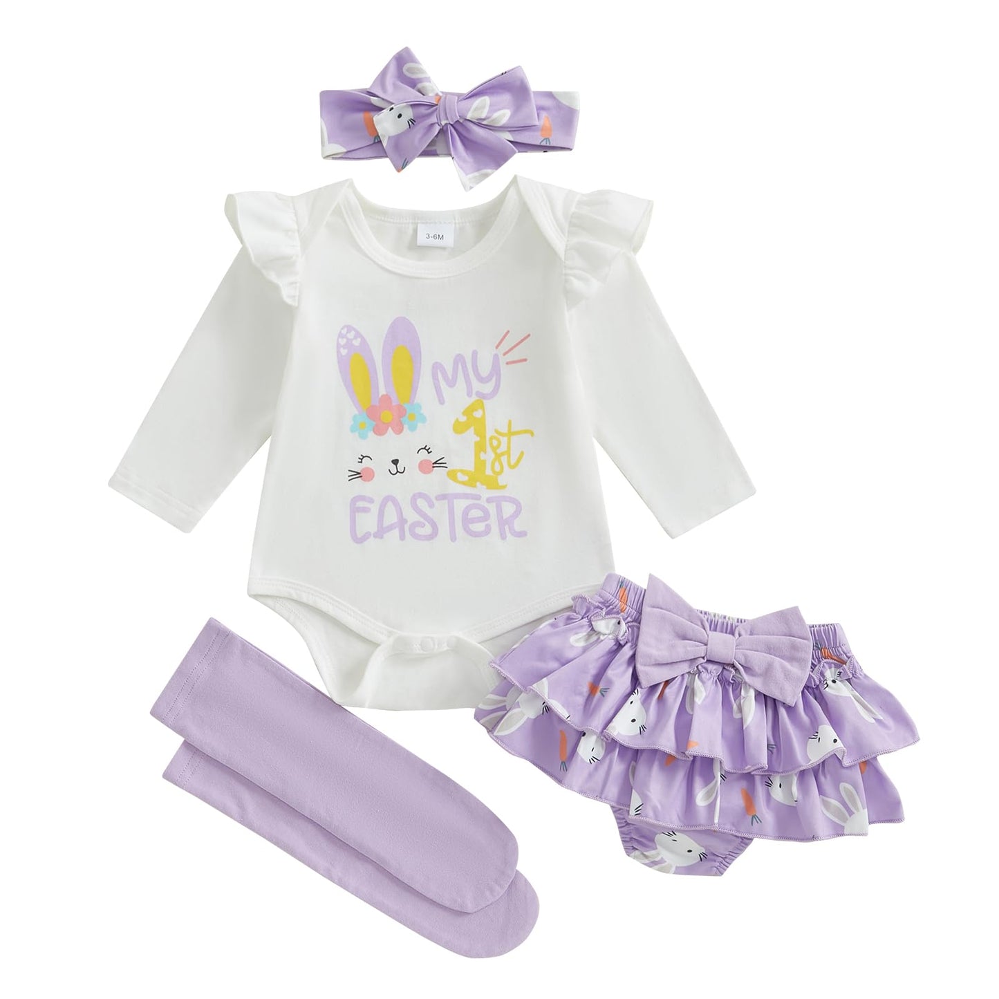 mlpeerw Baby Girl Easter Outfit My First Easter Romper Bunny Ruffle Skirt Dress Headband Set Newborn Cute Spring Clothes (My 1st