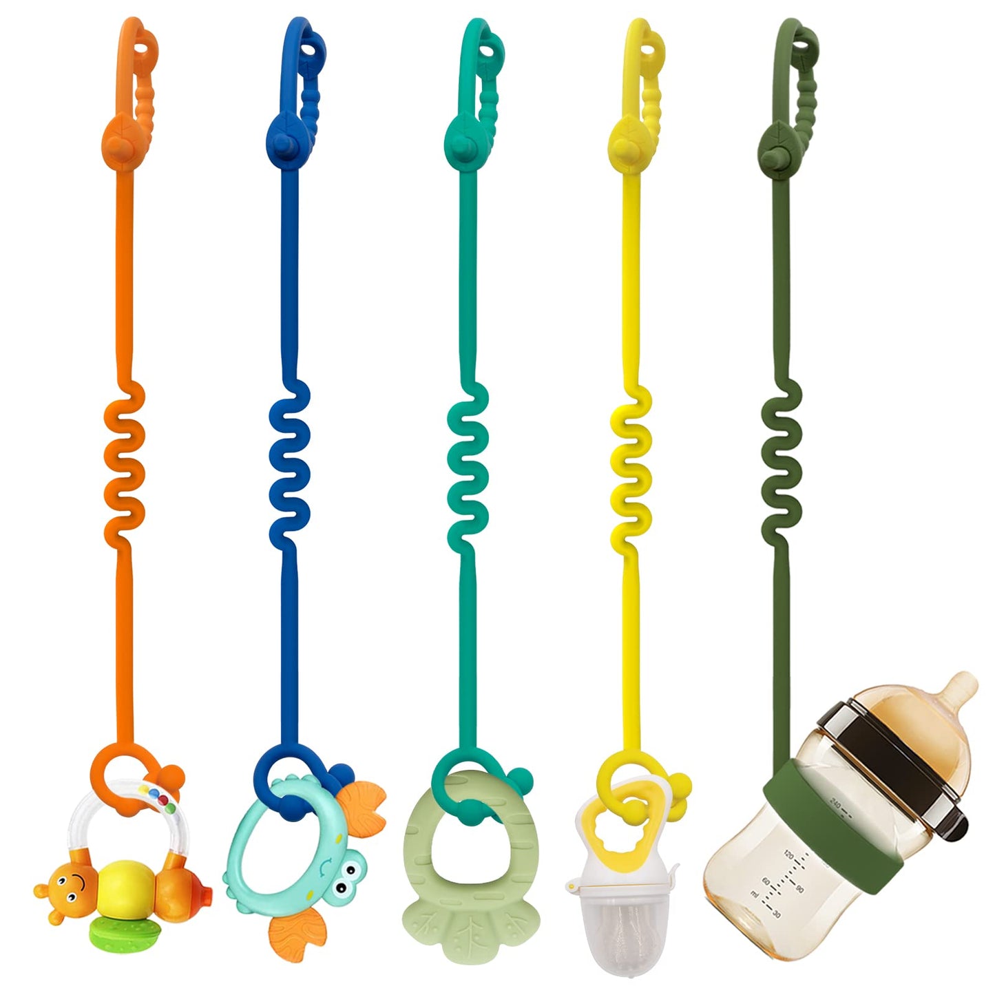 Toy Straps for Baby - 5 Pack Adjustable Silicone Toy Straps for Baby and Sippy Cup Straps for Strollers, High Chairs, Cribs, Car