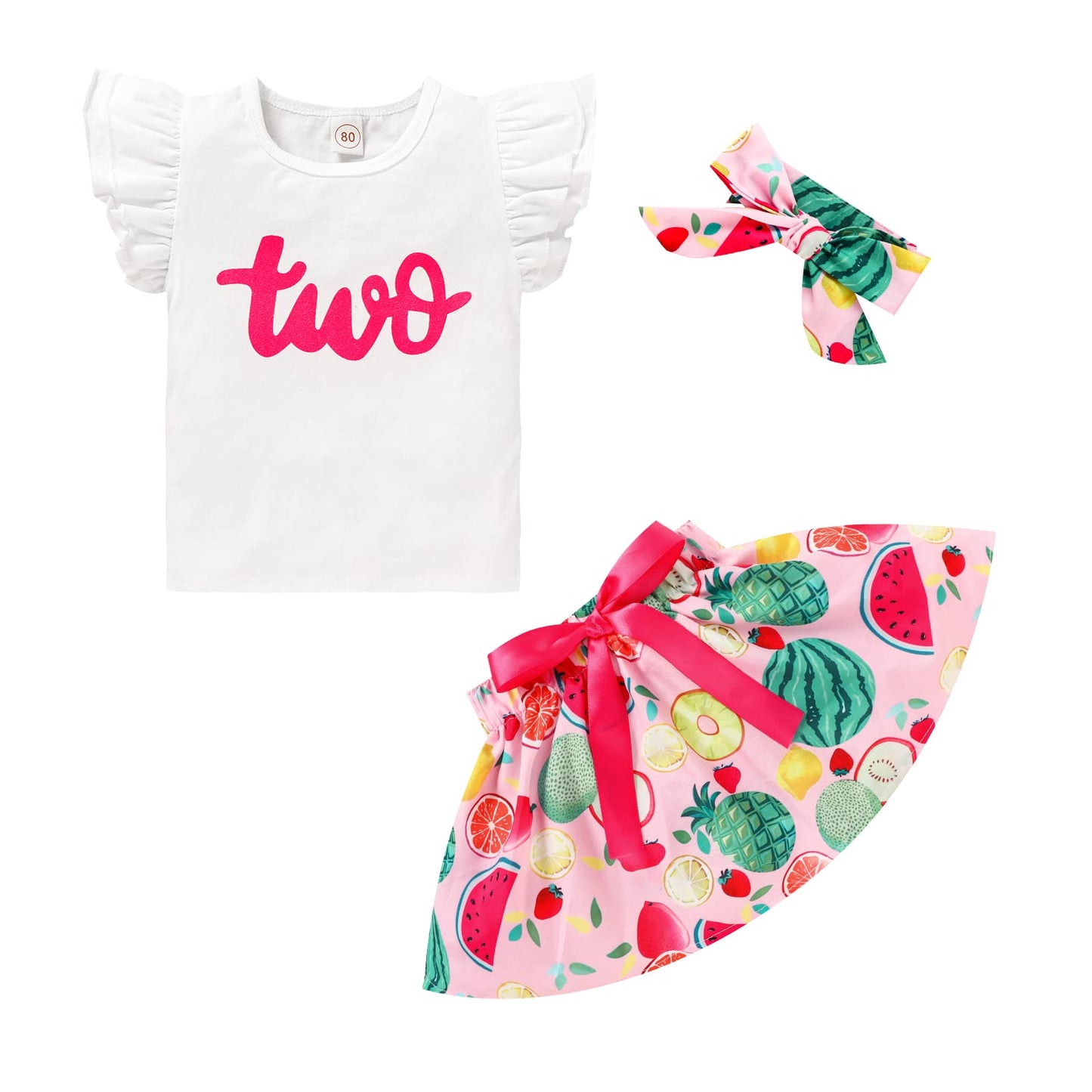 Viworld Baby Girl 2Nd Birthday Outfits Toddler Girl Two Ruffle Top Shirt+Watermelon Skirts Set Cake Smash Clothes(White6,2T