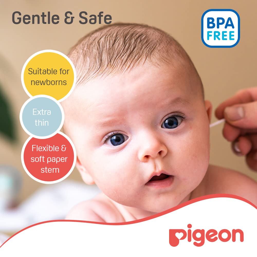 Pigeon Cotton Swabs, Flexible And Soft Paper Stem, 100% Soft Cotton Tips, Thin & Hinged, 200 Pieces, White