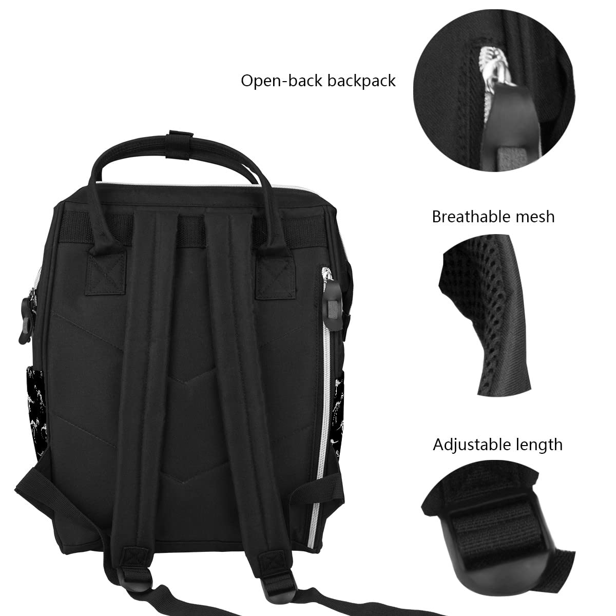Gactivity Black And White Dinosaur Skeleton Diaper Bag Travel Backpack Large Capacity Multi-Function Zipper Casual Travel Backpa