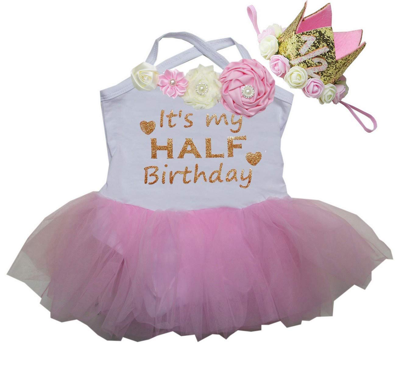 Kirei Sui Baby Half Birthday Dress 1/2 Crown Tutu Bodysuit Medium Pink