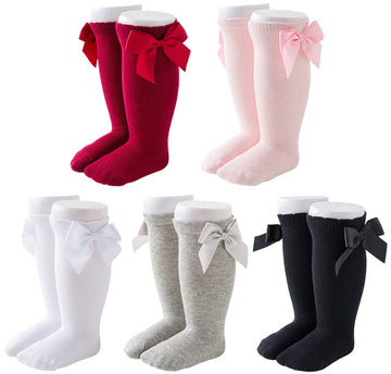 Qandsweet Baby Girl Knee-High Socks Toddlers Bow Stockings Newborn Infant Sock (0-12 Months, Solid Colors)