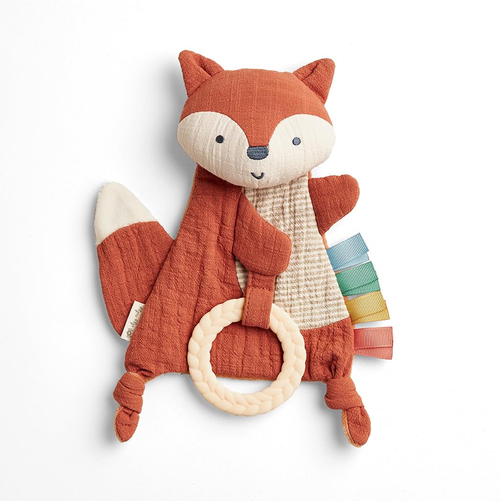 Itzy Ritzy - Bitzy Crinkle Sensory Toy Fox with Crinkle Sound for Babies & Toddlers - Features Soft Braided Teething Ring & Text