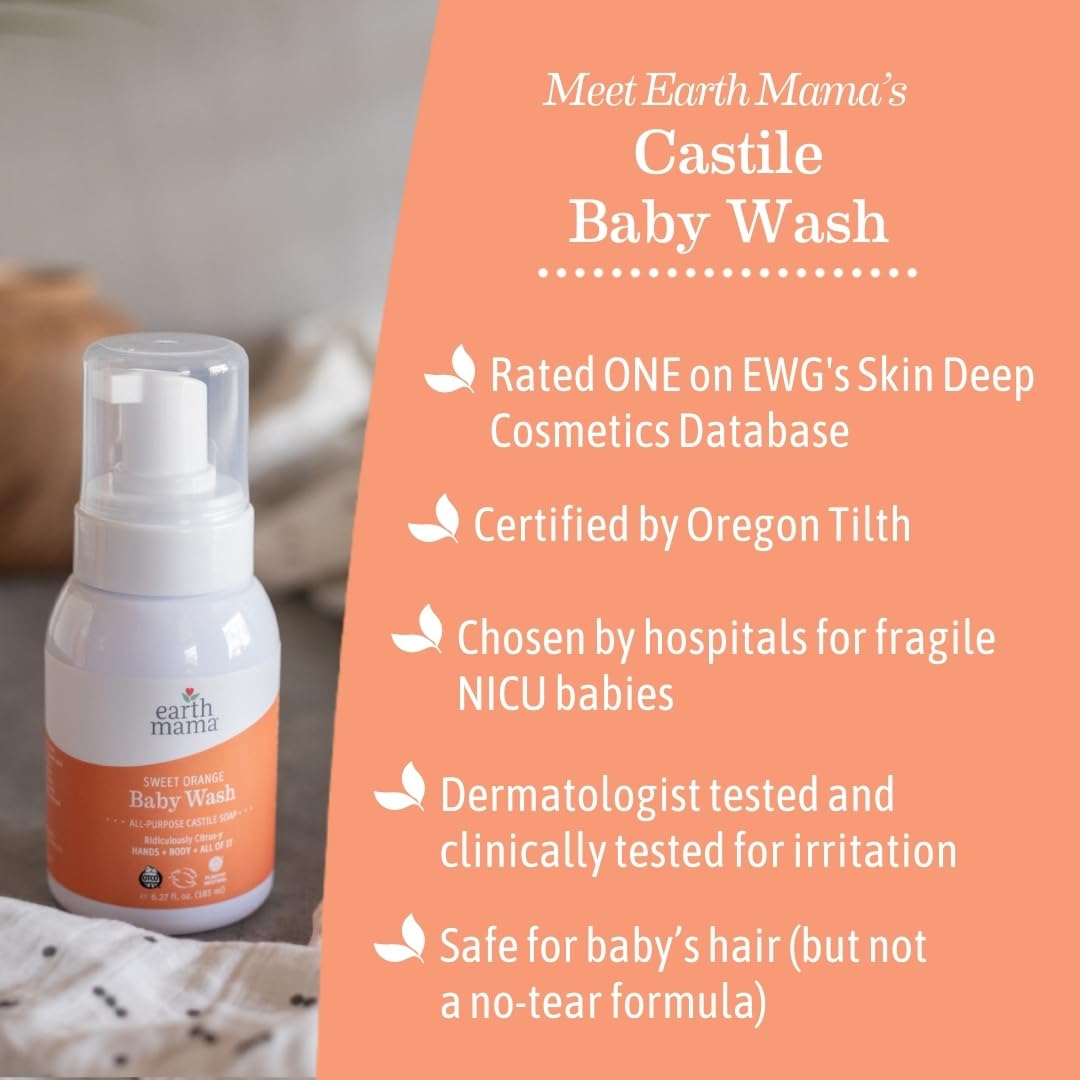 Earth Mama Sweet Orange Baby Liquid Wash Foaming Hand Soap, Organic All Purpose Body Wash For Sensitive Skin, Castile Soap With