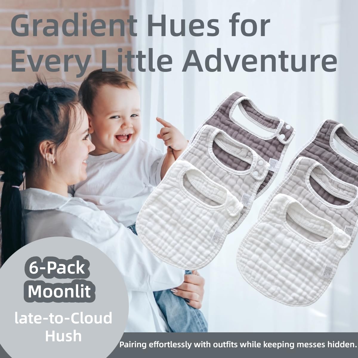 Mukin Baby Muslin Bibs And Burp Cloths, 6 Pack, Soft Absorbent Cotton, Adjustable (Gradient Grey)