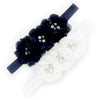 My Lello Baby Flower Headbands Fabric Beaded Trio Stretchy Elastic Pair (Navy/White)