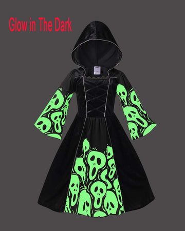 Yolsun Skeleton Ghost Witch Costume For Girls, Glow In The Dark, Halloween Fearsome Costume(6-8 Years)