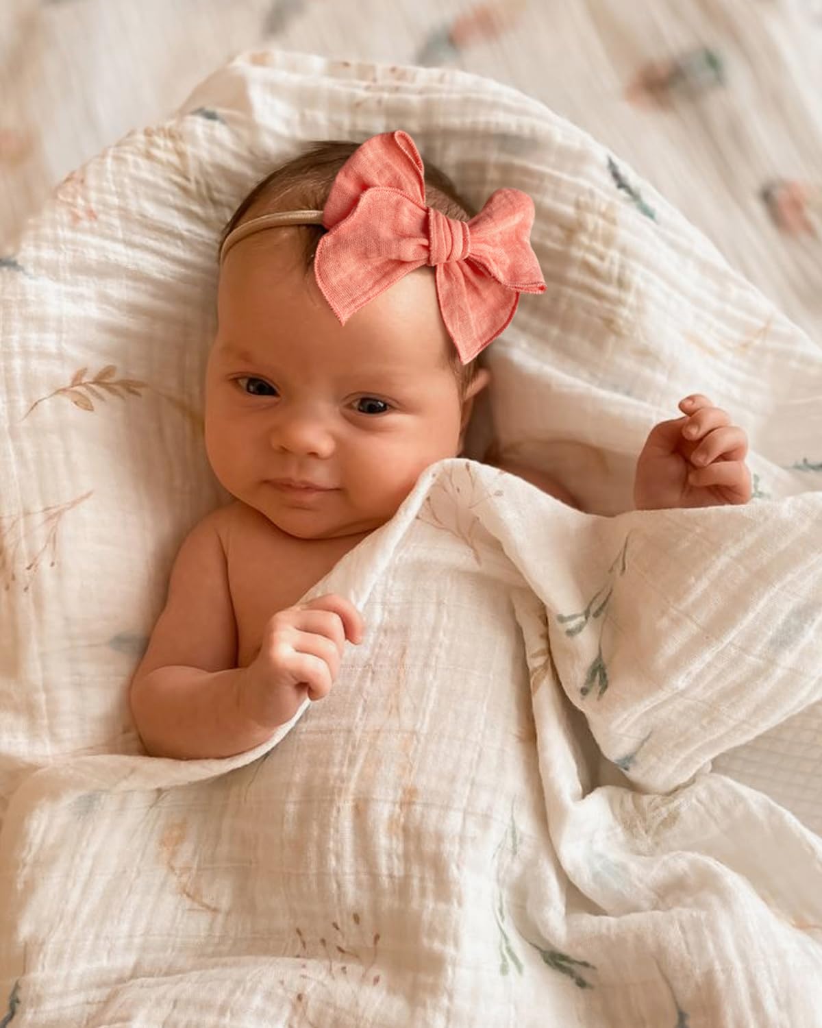 Cherssy Baby Girl Muslin Headbands, 3.5' Cotton Hair Bows Nylon Hairbands For Newborns, Infants, Toddlers - 6Pcs