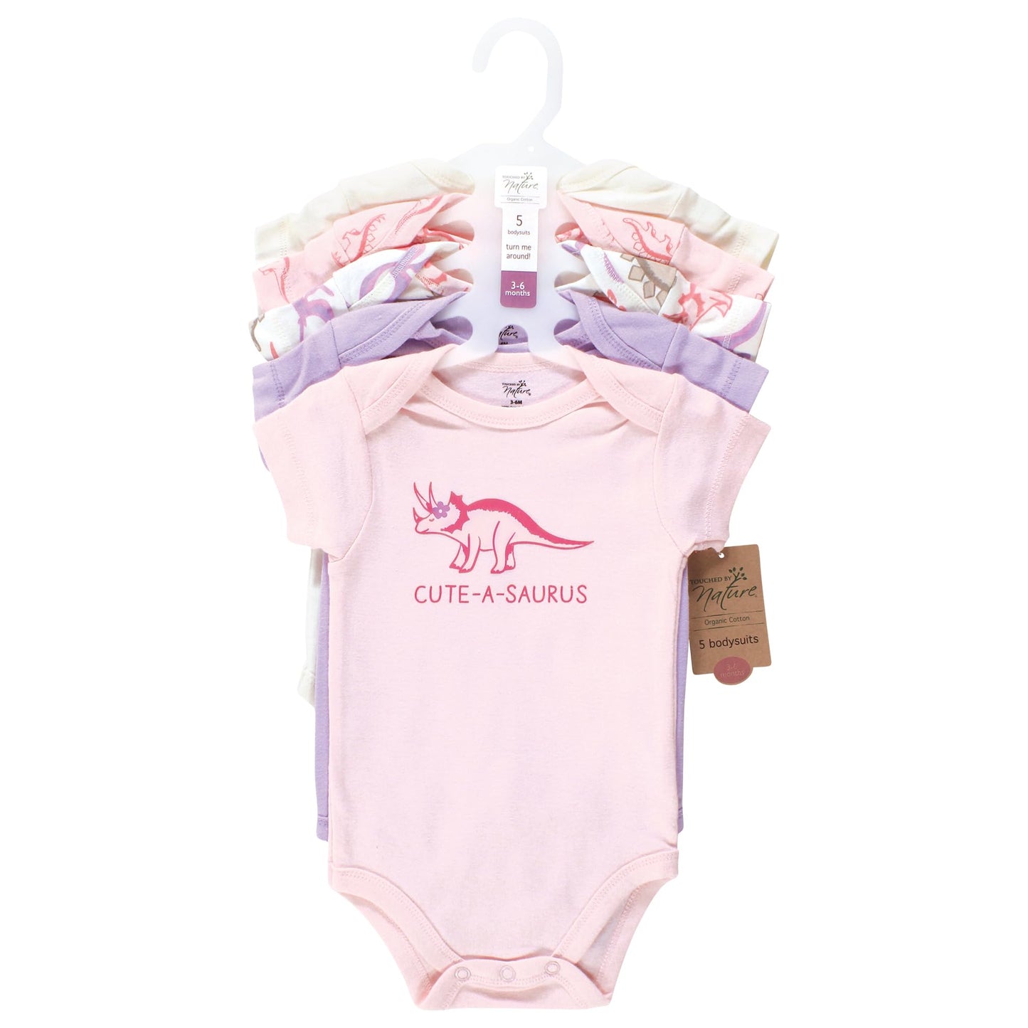 Touched By Nature Unisex Baby Organic Cotton Bodysuits, Retro Dino, 12-18 Months
