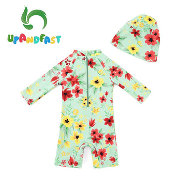 Upandfast Baby/Toddler Girl One Piece Zip Sunsuits With Sun Hat Upf 50+ Sun Protection Infant Beach Swimsuit (Light Green(Ls), 6