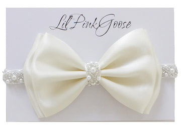0-12 Newborn Baby Baptism Pearl Headband With Bow In White Christening Headband With Satin Bow, Pearl Rhinestone Band (Cream(3-6