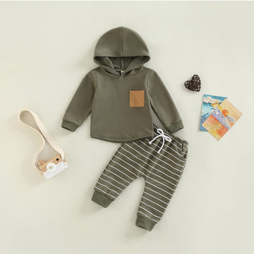 Baby Boy Clothes 3 6 9 12 18 24M 3T Pants Set Hooded Patchwork Hoodie Striped Sweatpants Fall Winter Outfit (C-Army Green, 0-6 M