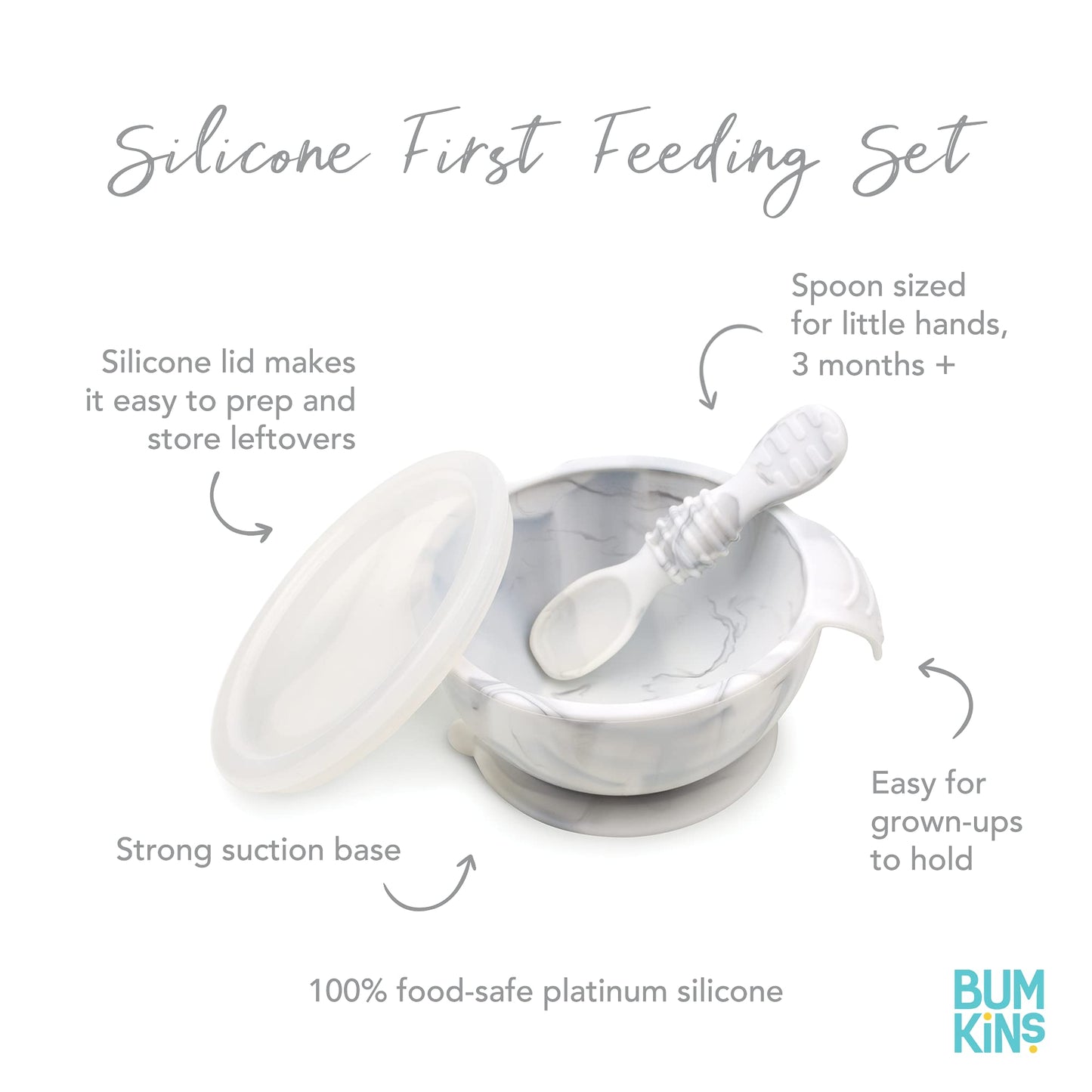 Bumkins Baby Bowl, Silicone Feeding Set With Suction For Baby And Toddler, Includes 4 Spoons And Lid, First Feeding Set, Trainin