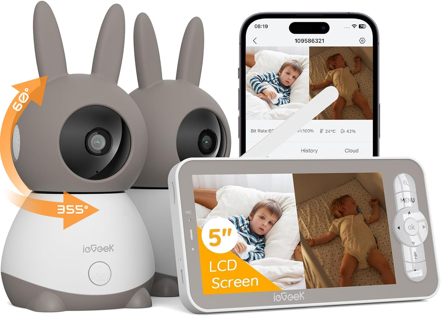 ieGeek 2K Split-Screen Baby Monitor, 5 Audio Baby Monitor with 2 Cameras, WiFi Smartphone Video Dual Camera, Night Vision, Motio