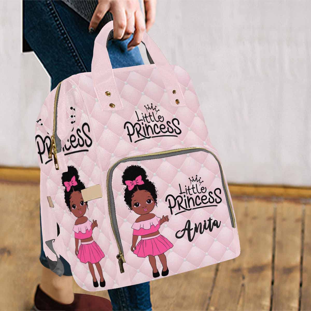 Artsadd Personalized Large Capacity Diaper Bags, Pink Little Princess Daypack Custom Name Backpack Casual Daypack Bag Nappy Bag