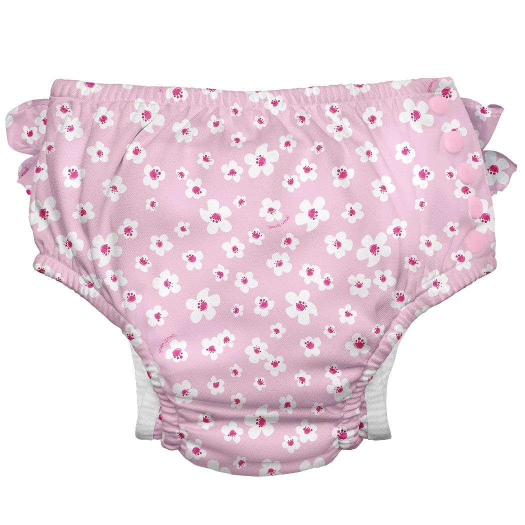 I Play. By Green Sprouts Reusable, Eco Snap Ruffled Swim Diaper With Gussets, Upf 50, 4T, Light Pink Small Blossoms, Patented De