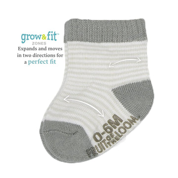 Fruit Of The Loom Baby 14-Pack Grow & Fit Flex Zones Cotton Stretch Socks - Unisex, Girls, Boys (6-12 Months, Grey Stripe)