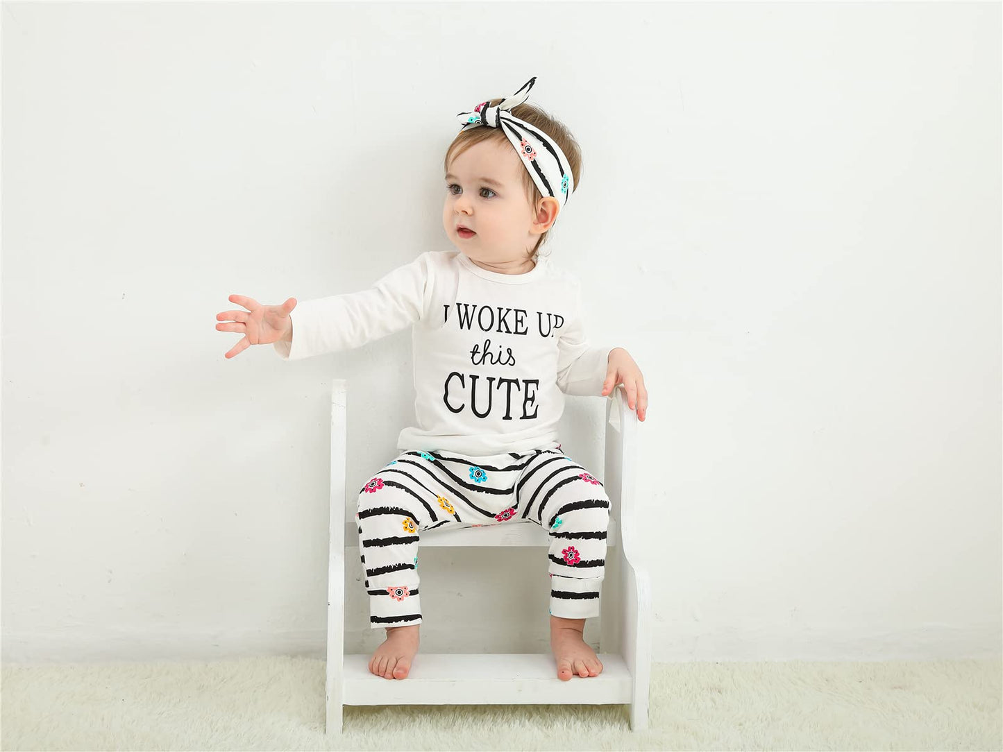 Kukitty 3Pcs Baby Girl Outfits Set I Woke Up This Cute Long Sleeve T-Shirt Tops Flowers Pants With Headband (12-18 Months)