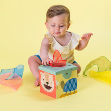 Taf Toys Sensory Baby Tissue Box, Object Permanence Box, Imaginary Play for Infants & Toddlers, Montessori Square Sensory Toys C